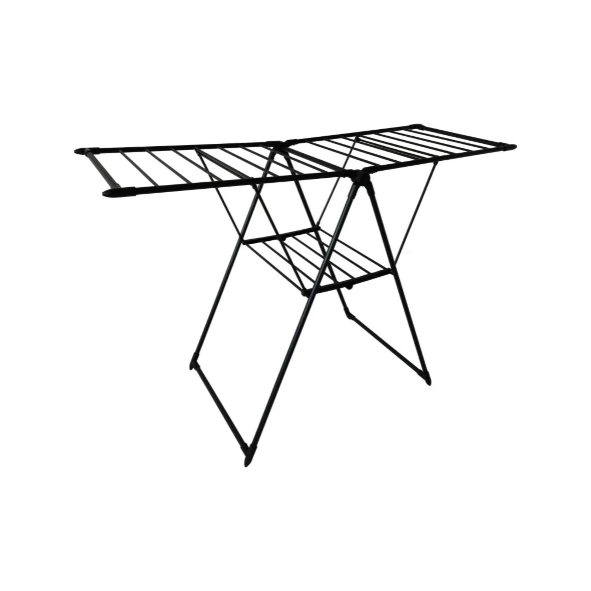 Black foldable wing clothes drying rack with lower shelf, opened for indoor laundry drying in compact spaces.