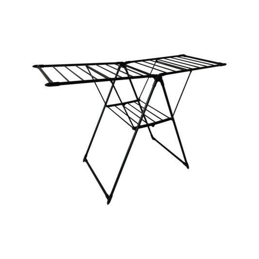 Black foldable wing clothes drying rack with lower shelf, opened for indoor laundry drying in compact spaces.