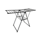 Black foldable wing clothes drying rack with lower shelf, opened for indoor laundry drying in compact spaces.