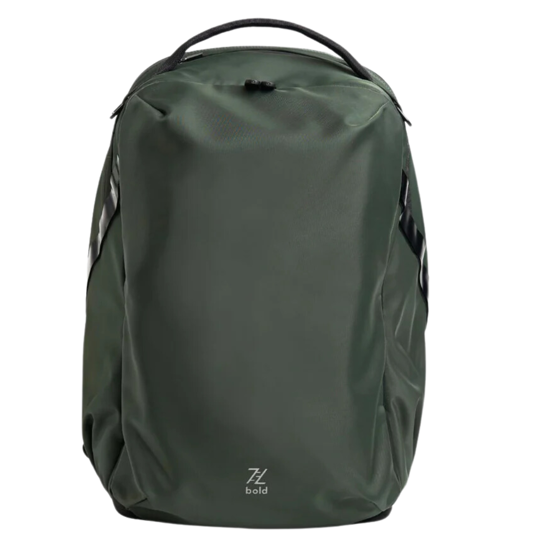 Front view of Bold dark green minimalist backpack with top handle and smooth water-resistant exterior, ideal for work, travel, or daily use.