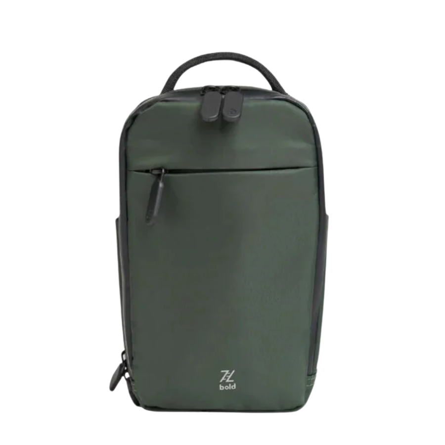 Bold Mimic Sling Bag in green, front view; stylish modern crossbody design, perfect for tech essentials and everyday use.