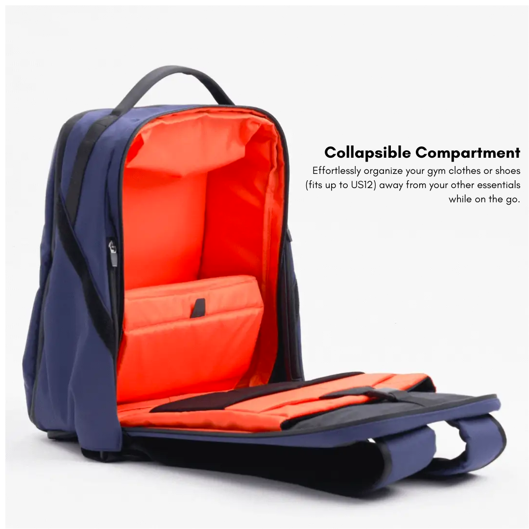 Bold PYX 24L Backpack in navy, featuring open collapsible compartment for shoes or gym clothes, ideal for organized travel and daily use.