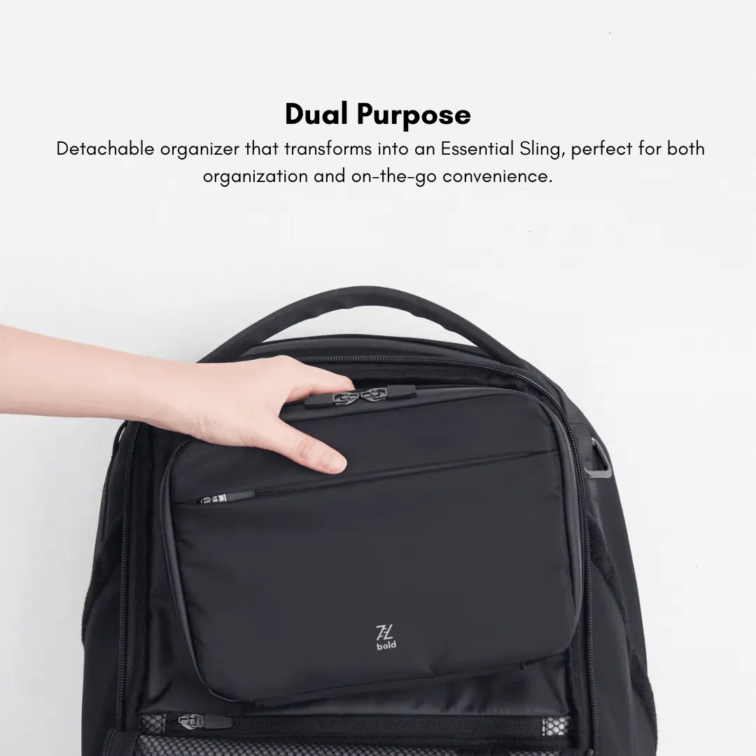 Bold PYX 24L Backpack in black with detachable organizer transforming into an essential sling, ideal for travel and daily organization.