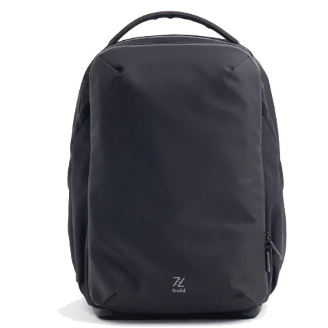 Front view of Bold black backpack with minimalist design, ergonomic top handle, and discreet front zipper pocket, suitable for work, travel, and everyday carry.