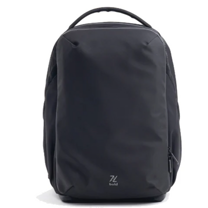 Front view of Bold black backpack with minimalist design, ergonomic top handle, and discreet front zipper pocket, suitable for work, travel, and everyday carry.