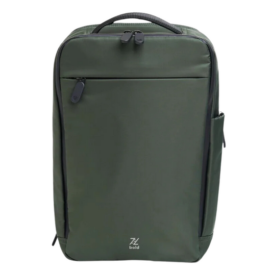 Bold Quiver 13L army green minimalist sports backpack with front zipper pocket, top handle, side compartment, and compact rectangular design, displayed on white background