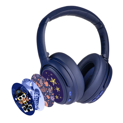 BuddyPhones CosmosFun wireless kids headphones with active noise cancellation, shown with BuddyLink cable, USB-C charging cable, decorative sticker set, and travel bag on a white background