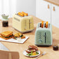Buydeem 2-Slice Toaster Cozy Greenish and Yellow on breakfast table with toasted bread and gourmet sandwiches