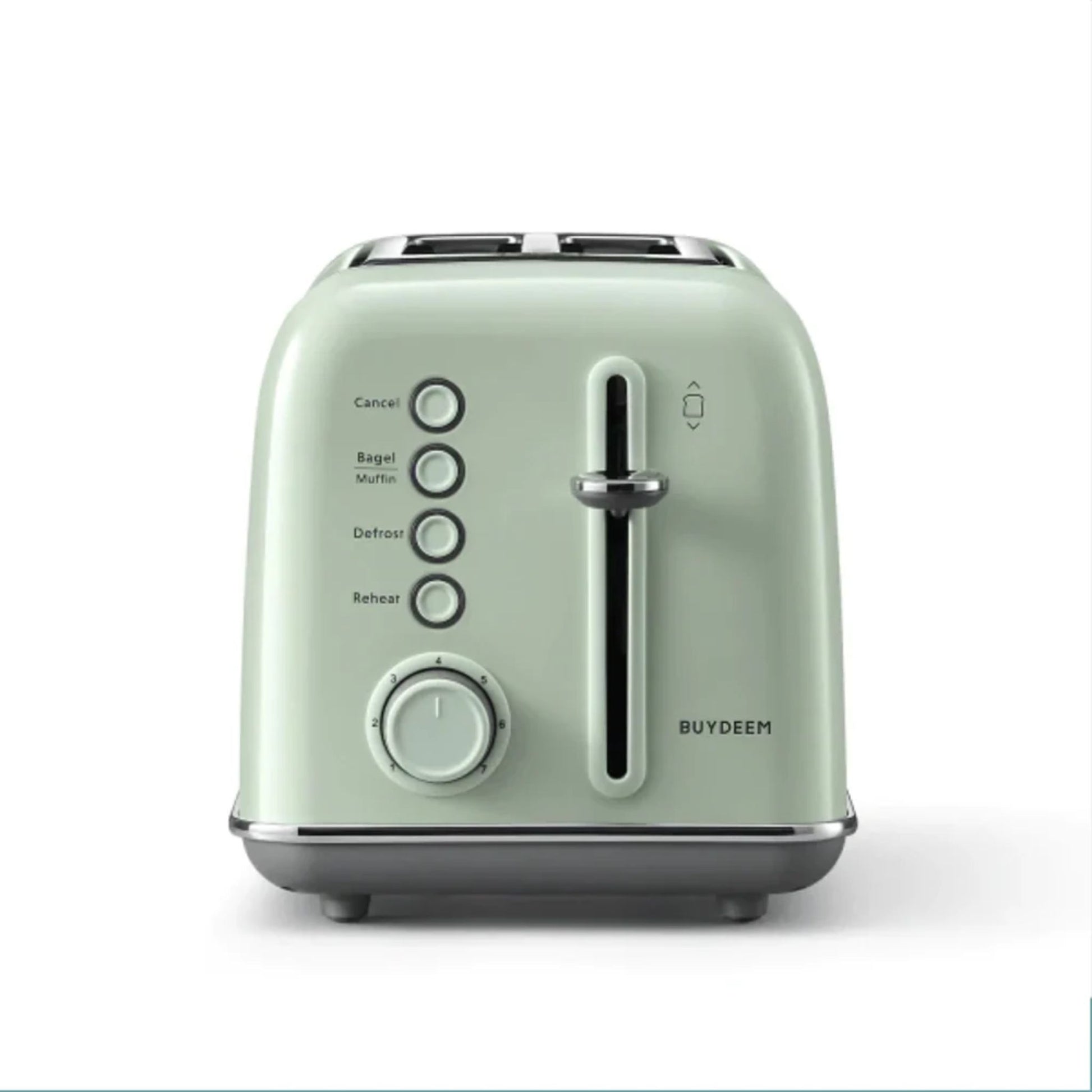 Front view of Buydeem 2-Slice Toaster Cozy Greenish showing bagel, muffin, defrost, reheat buttons and browning control knob