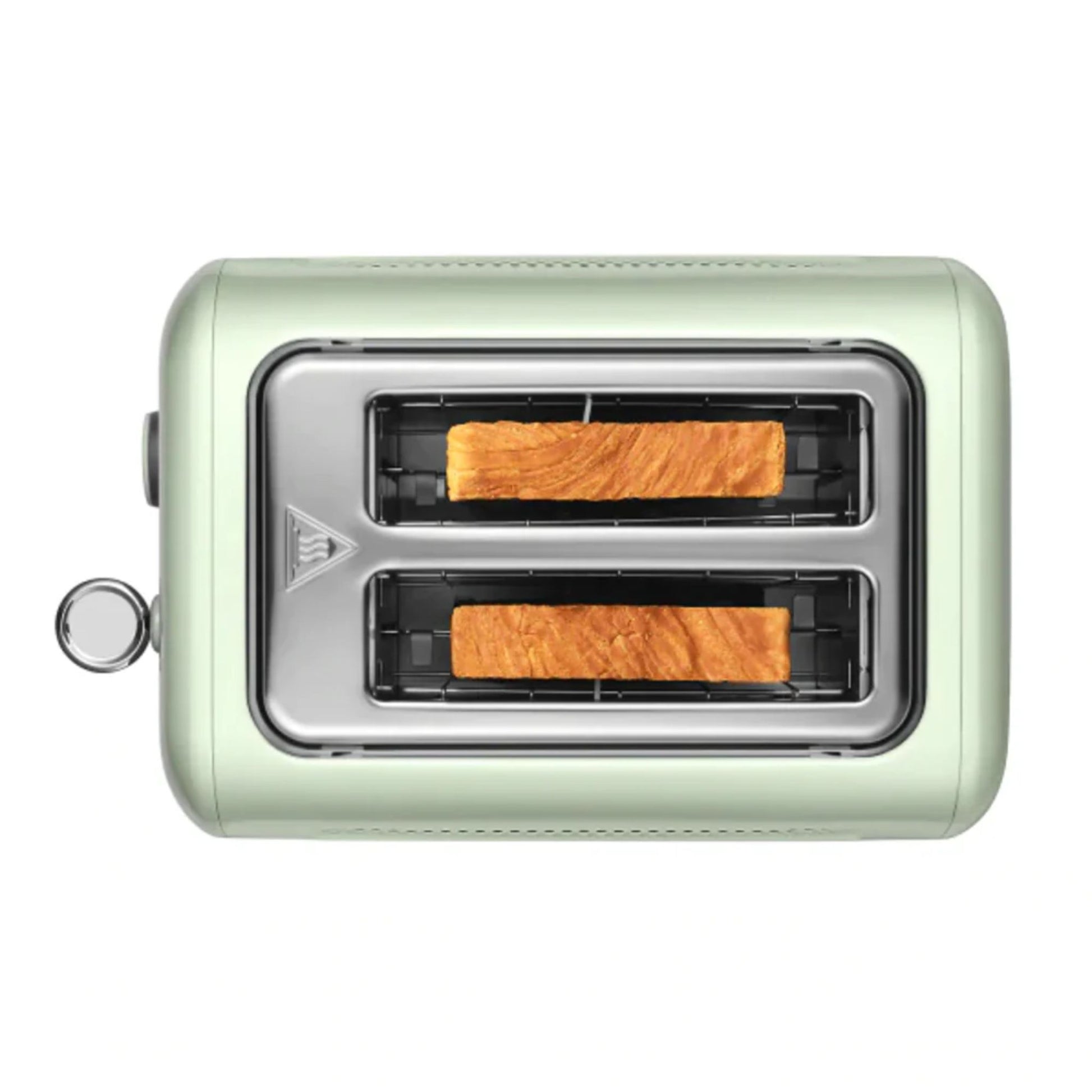 Top view of Buydeem 2-Slice Toaster Cozy Greenish with toasted bread slices in extra-wide slots