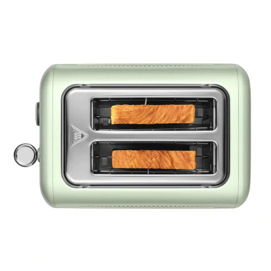 Top view of Buydeem 2-Slice Toaster Cozy Greenish with toasted bread slices in extra-wide slots