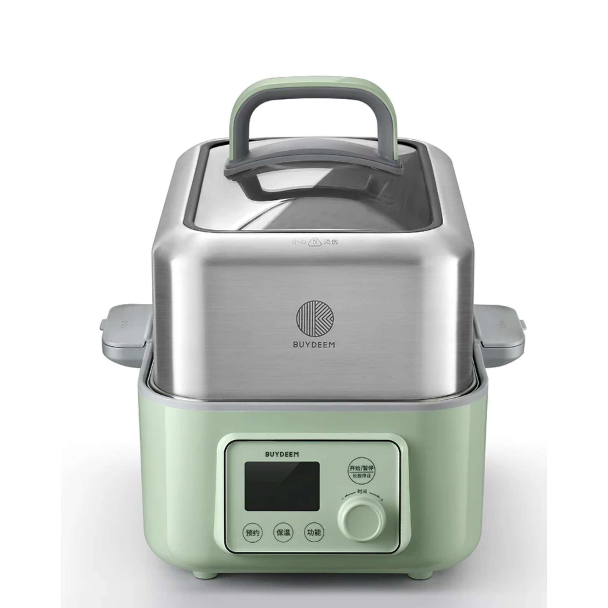 Top view of Buydeem 4-in-1 health pot digital steamer with stainless steel lid, digital control panel, and modern mint green base for versatile kitchen use
