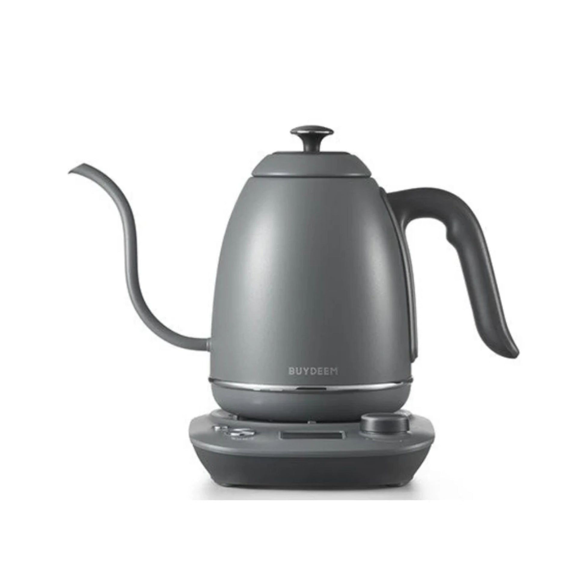 Buydeem charcoal grey electric gooseneck kettle with digital base, minimalist modern design for precise coffee and tea brewing