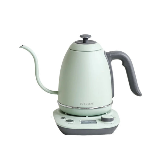 Buydeem electric gooseneck kettle with precise temperature control, pastel green, perfect for coffee and tea brewing on kitchen counter