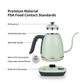 Buydeem electric kettle showing premium materials with FDA food contact standards, including PP plastic lid, SUS304 stainless steel body, ABS handle, food-grade silicone, built-in NTC sensor, and British Strix thermostat