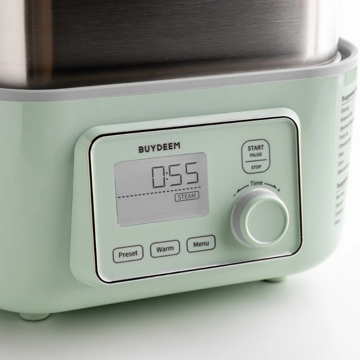 Buydeem multifunction health pot steamer digital control panel closeup showing timer, preset, and warming functions for convenient healthy cooking