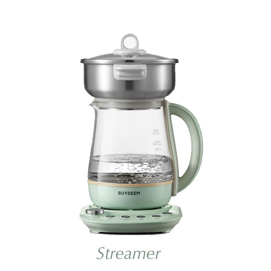 Buydeem Multi-Functional 4-in-1 Health Pot with stainless steel steamer and German Schott glass kettle steaming water