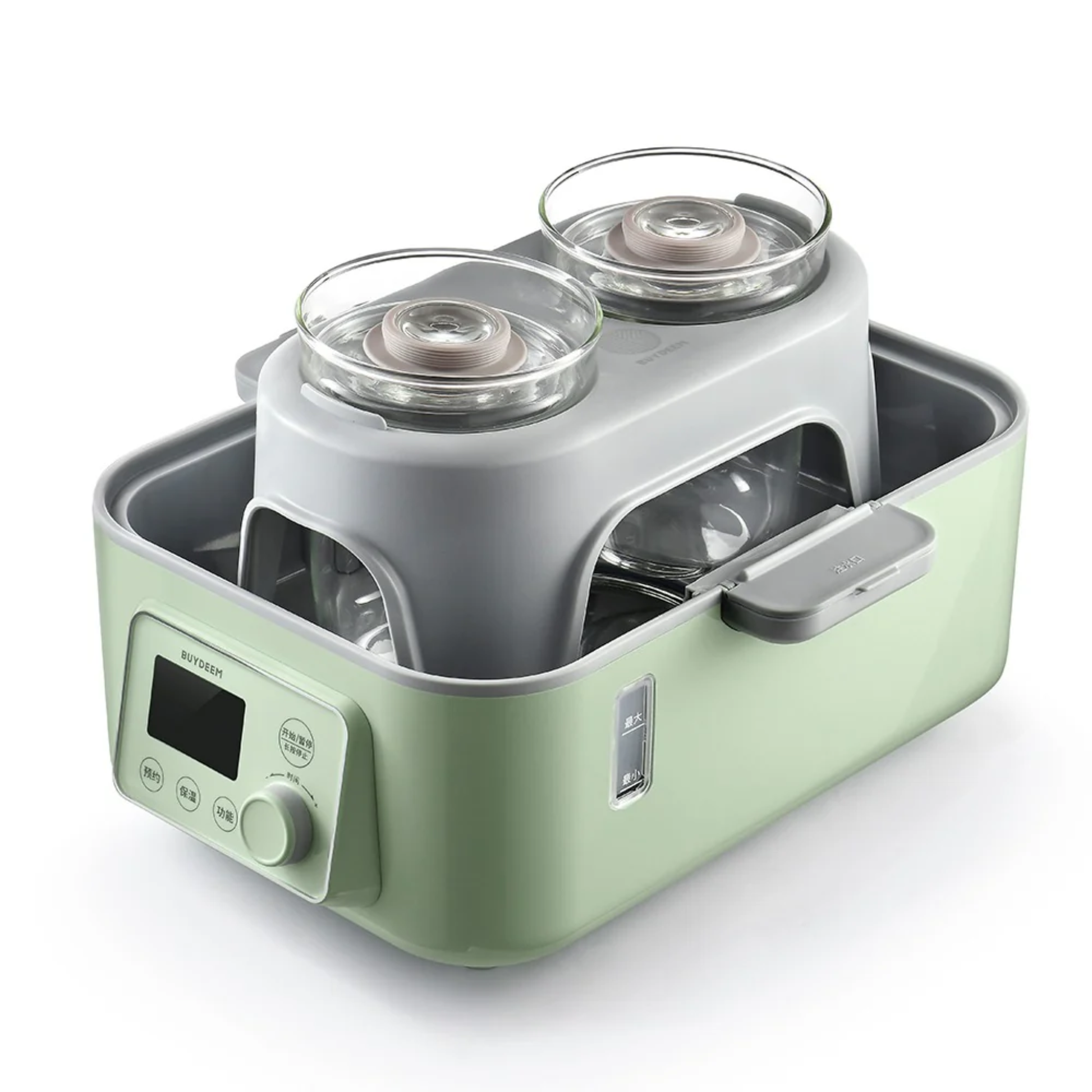 Buydeem multifunction health pot with double glass jars for double boiling, featuring digital timer and compact mint green design for efficient healthy cooking