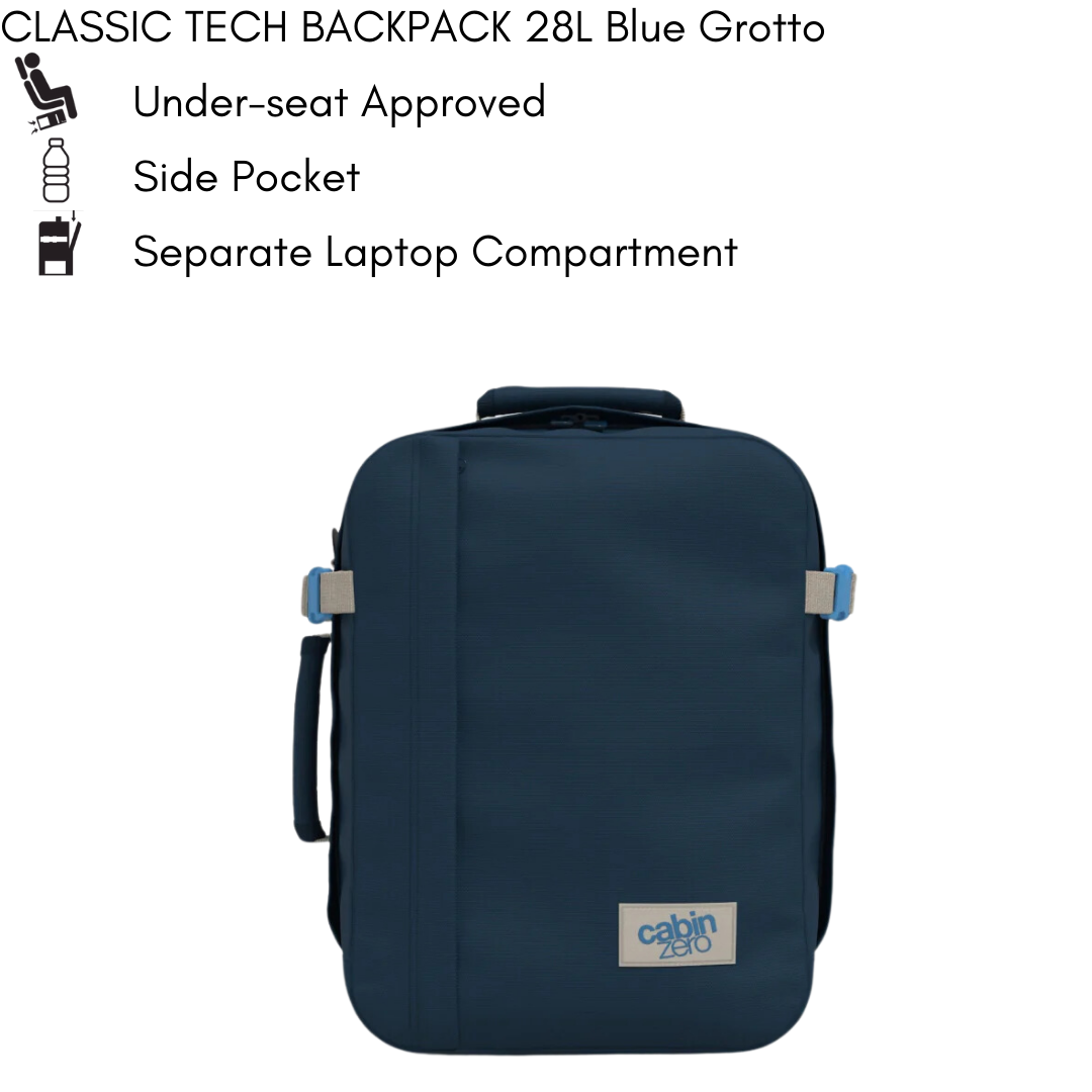 Front view of CabinZero Classic Tech Backpack 28L in Blue Grotto with side handle, highlighting under-seat approval, side water bottle pocket, and separate laptop compartment for modern travel needs