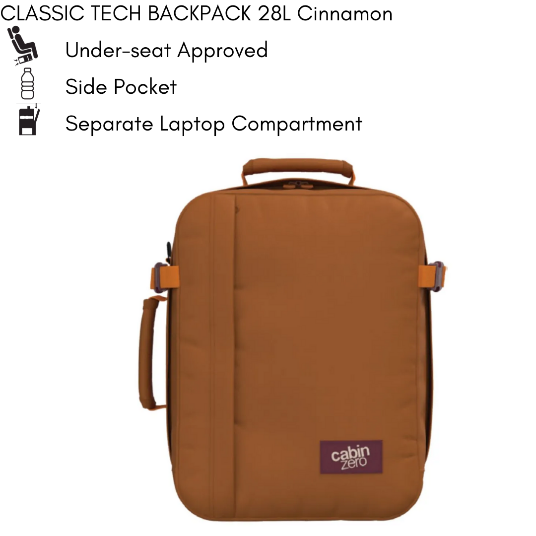 Front view of CabinZero Classic Tech Backpack 28L in Cinnamon brown with side handle, featuring under-seat approval, a convenient side pocket, and a separate laptop compartment for efficient organization
