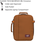 Front view of CabinZero Classic Tech Backpack 28L in Cinnamon brown with side handle, featuring under-seat approval, a convenient side pocket, and a separate laptop compartment for efficient organization