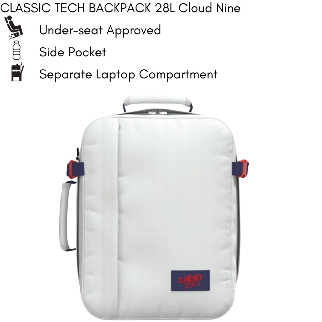 Front view of CabinZero Classic Tech Backpack 28L in Cloud Nine white with side handle, approved for under-seat cabin use, featuring a side pocket and separate laptop compartment for modern travelers