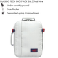Front view of CabinZero Classic Tech Backpack 28L in Cloud Nine white with side handle, approved for under-seat cabin use, featuring a side pocket and separate laptop compartment for modern travelers