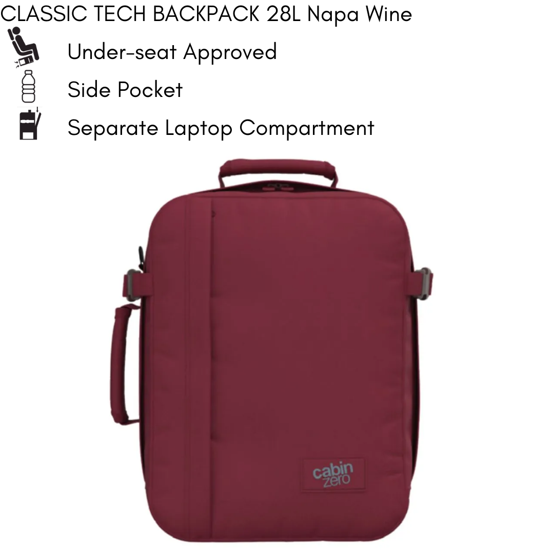 Front view of CabinZero Classic Tech Backpack 28L in Napa Wine with side handle, showing under-seat airline approval, side bottle pocket, and dedicated laptop compartment for travel convenience