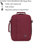 Front view of CabinZero Classic Tech Backpack 28L in Napa Wine with side handle, showing under-seat airline approval, side bottle pocket, and dedicated laptop compartment for travel convenience