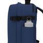 CabinZero Classic Tech Bag 28L in Navy Blue featuring a side water bottle pocket and adjustable compression strap for organized hydration and practical travel or commute use
