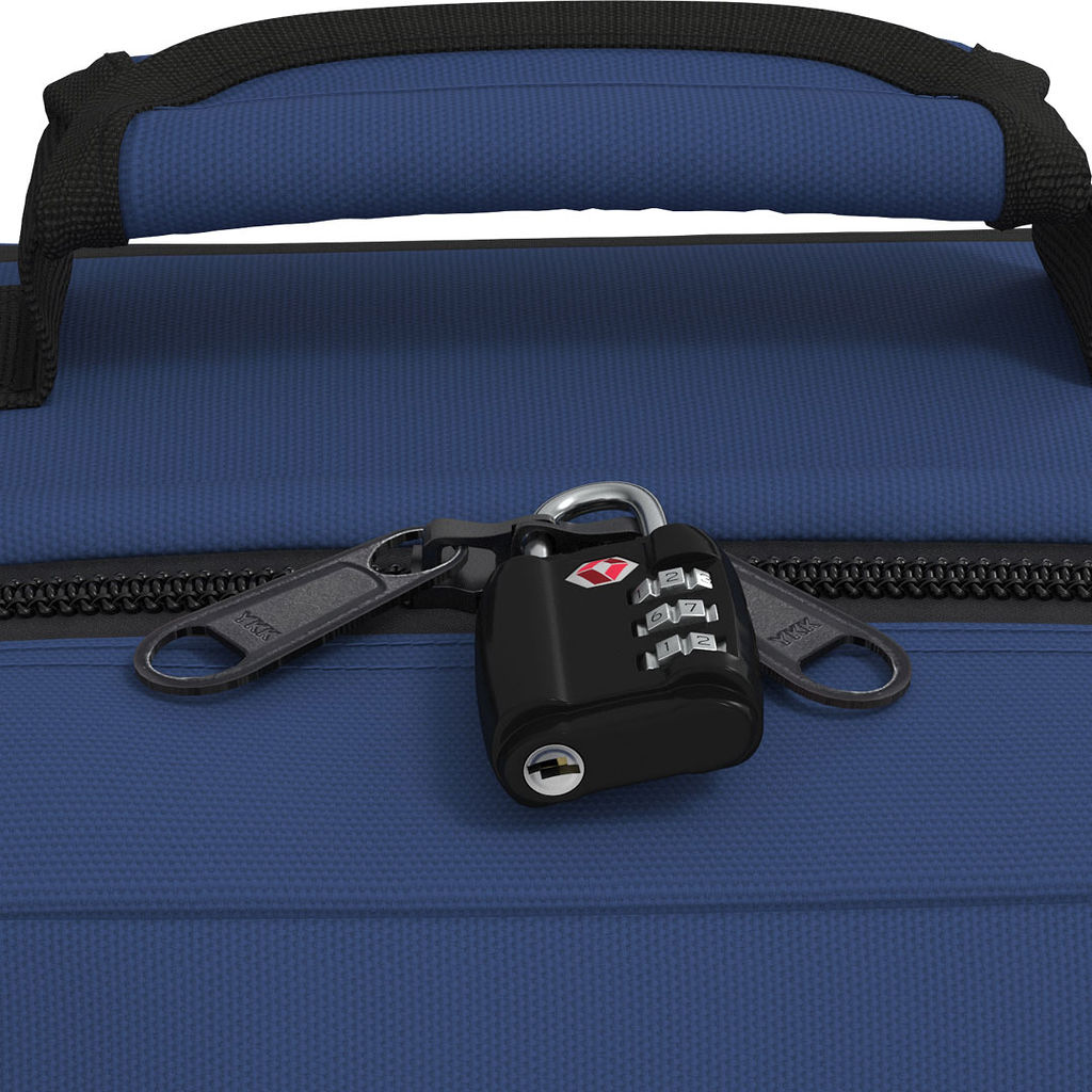 Close-up of CabinZero Classic Tech Bag 28L in Navy Blue showing lockable YKK zippers secured with a TSA travel lock for added security during commutes and travel