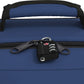 Close-up of CabinZero Classic Tech Bag 28L in Navy Blue showing lockable YKK zippers secured with a TSA travel lock for added security during commutes and travel