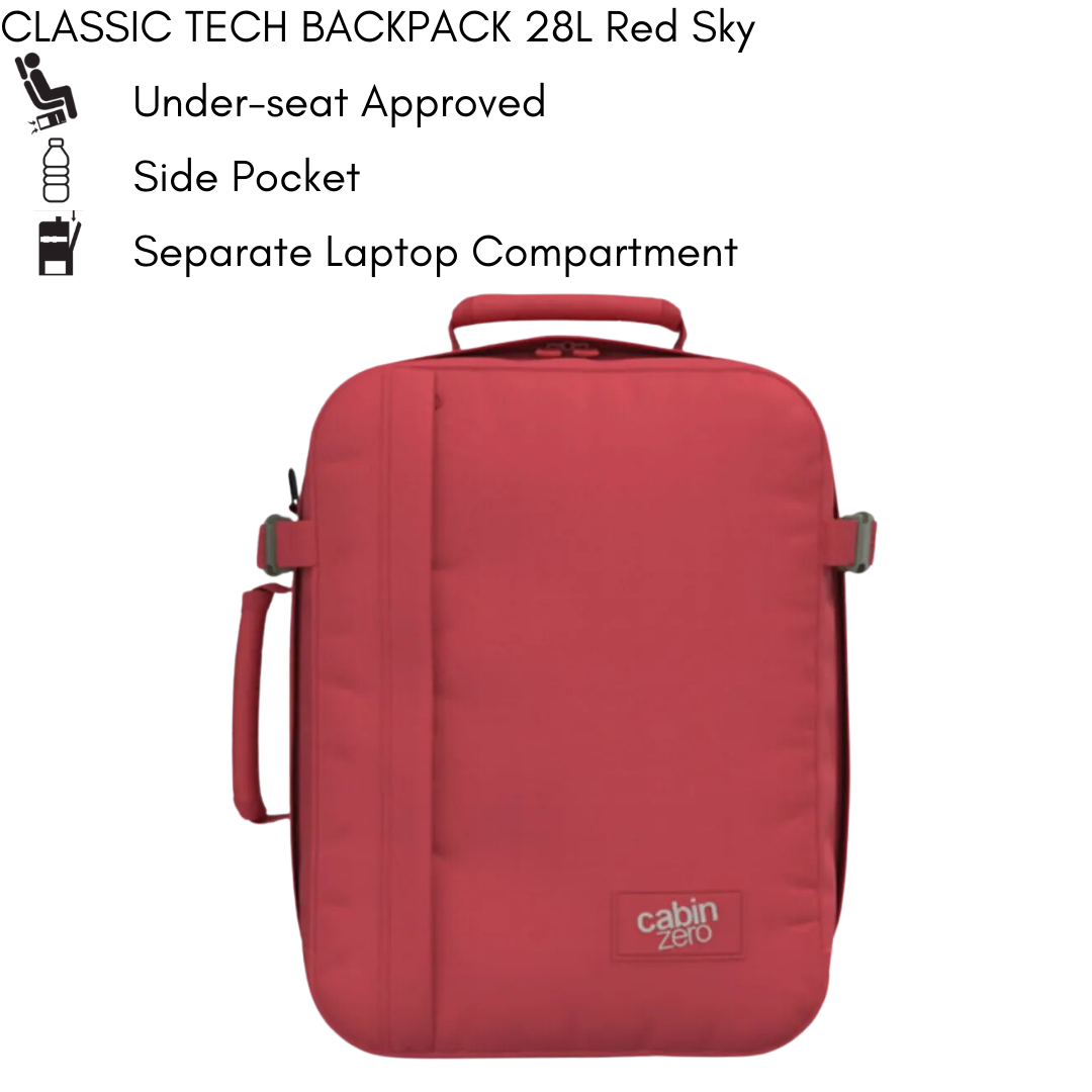Front view of CabinZero Classic Tech Backpack 28L in Red Sky with side handle, highlighting under-seat cabin approval, side pocket for water bottle, and separate laptop compartment features