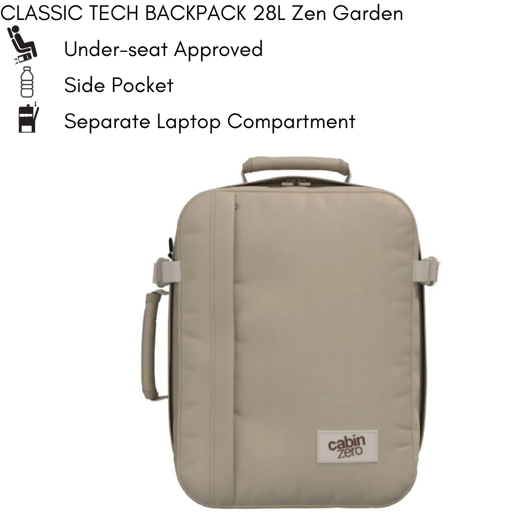 Front view of CabinZero Classic Tech Backpack 28L in Zen Garden beige with side handle, showing under-seat approval, convenient side pocket, and a separate laptop compartment for efficient travel.