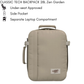 Front view of CabinZero Classic Tech Backpack 28L in Zen Garden beige with side handle, showing under-seat approval, convenient side pocket, and a separate laptop compartment for efficient travel.