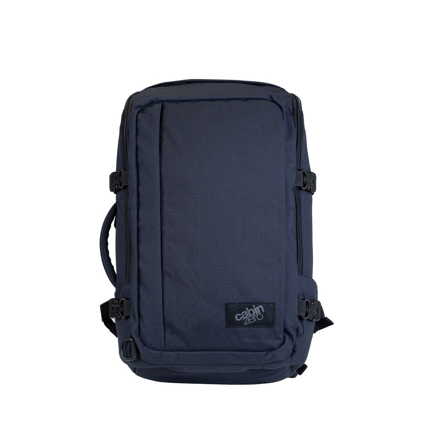CabinZero ADV 32L absolute black travel backpack front view, featuring water-resistant 500D nylon, side compression straps, quick access front zip pocket, padded laptop sleeve, airflow back panel, and minimal adventure-ready design