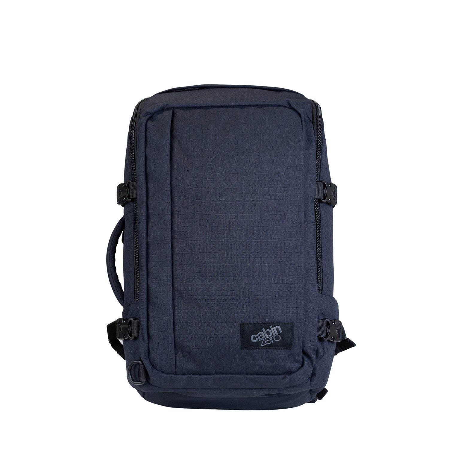 CabinZero ADV 32L absolute black travel backpack front view, featuring water-resistant 500D nylon, side compression straps, quick access front zip pocket, padded laptop sleeve, airflow back panel, and minimal adventure-ready design