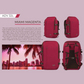 CabinZero ADV 32L Miami Magenta travel backpack shown from four angles, featuring water-resistant 500D nylon, rear airflow panel, side compression straps, padded laptop sleeve, and vibrant city-inspired color with Miami sunset motif