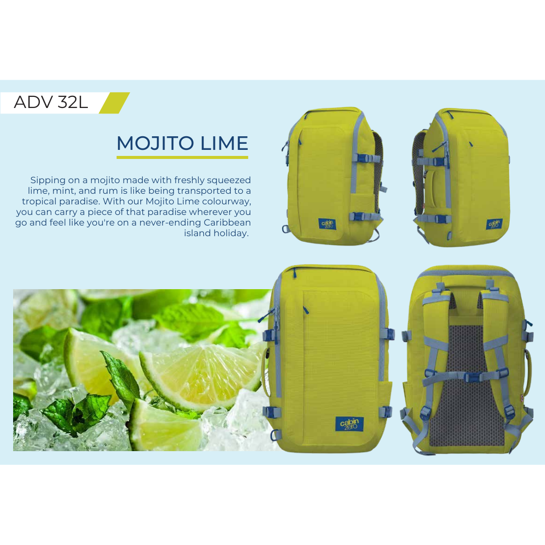 CabinZero ADV 32L Mojito Lime travel backpack shown from four angles, featuring water-resistant 500D nylon, airflow back panel, expandable water bottle pocket, padded laptop sleeve, and vibrant lime green color inspired by tropical mojito drinks, set beside fresh lime and mint.