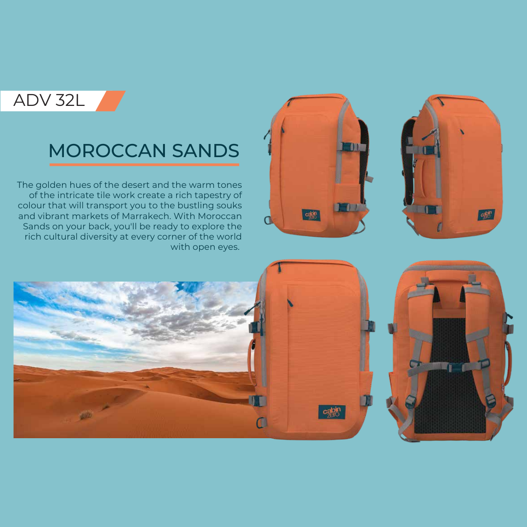 CabinZero ADV 32L Moroccan Sands travel backpack shown from four angles, featuring water-resistant 500D nylon, airflow back panel, expandable water bottle pocket, padded laptop sleeve, and desert-inspired orange color, set against Moroccan sand dunes and blue sky.