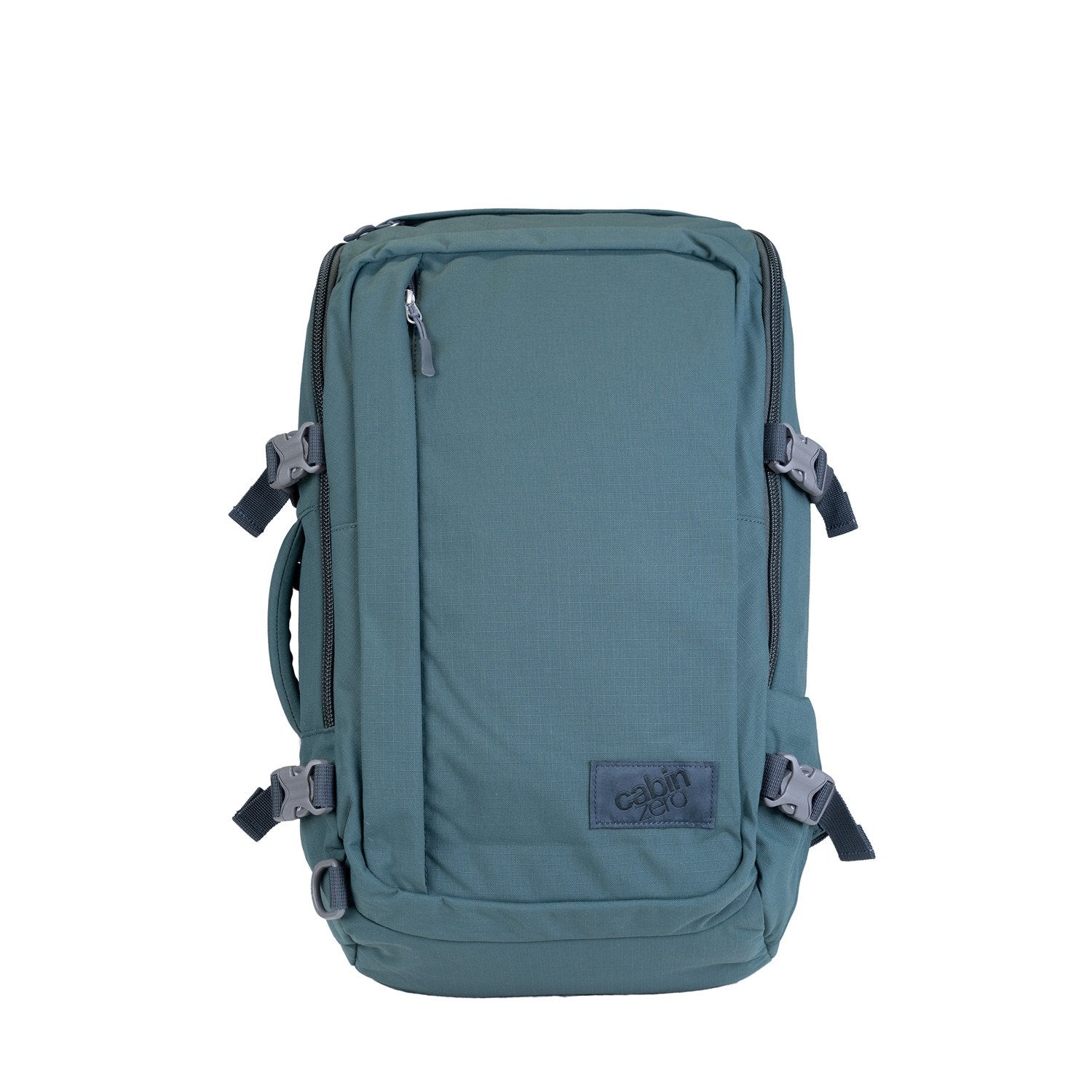CabinZero ADV 32L Mossy Forest travel backpack front view, featuring water-resistant 500D ripstop nylon, quick access zip pocket, side compression straps, airflow padded back panel, expandable water bottle pocket, and laptop sleeve in a forest-inspired green shade.