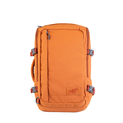 CabinZero ADV 32L Sahara Sands travel backpack front view, made with water-resistant 500D ripstop nylon, featuring quick-access front zip pocket, side compression straps, airflow padded back, expandable water bottle pocket, RFID blocking pocket, and padded laptop sleeve, shown in vibrant orange shade