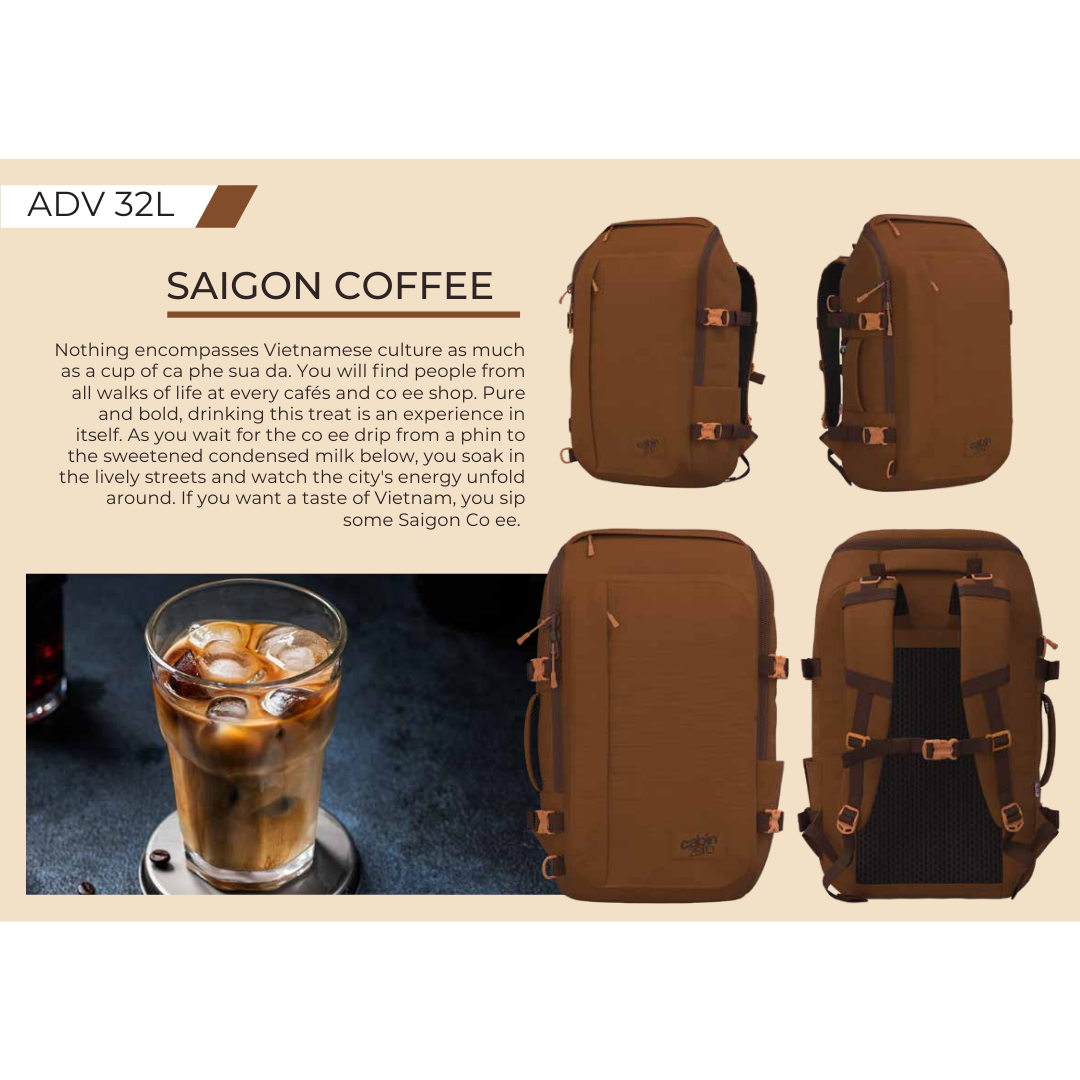 CabinZero ADV 32L Saigon Coffee travel backpack shown from four angles, featuring water-resistant 500D nylon, airflow back panel, expandable water bottle pocket, padded laptop sleeve, lockable YKK zippers, and signature brown coffee-inspired color beside a glass of Vietnamese iced coffee