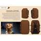 CabinZero ADV 32L Saigon Coffee travel backpack shown from four angles, featuring water-resistant 500D nylon, airflow back panel, expandable water bottle pocket, padded laptop sleeve, lockable YKK zippers, and signature brown coffee-inspired color beside a glass of Vietnamese iced coffee
