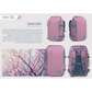 CabinZero ADV 32L Sakura pink travel backpack shown from four angles, featuring water-resistant 500D ripstop nylon, airflow back panel, padded laptop sleeve, expandable water bottle pocket, and cherry blossom-inspired color, set beside blooming sakura trees.