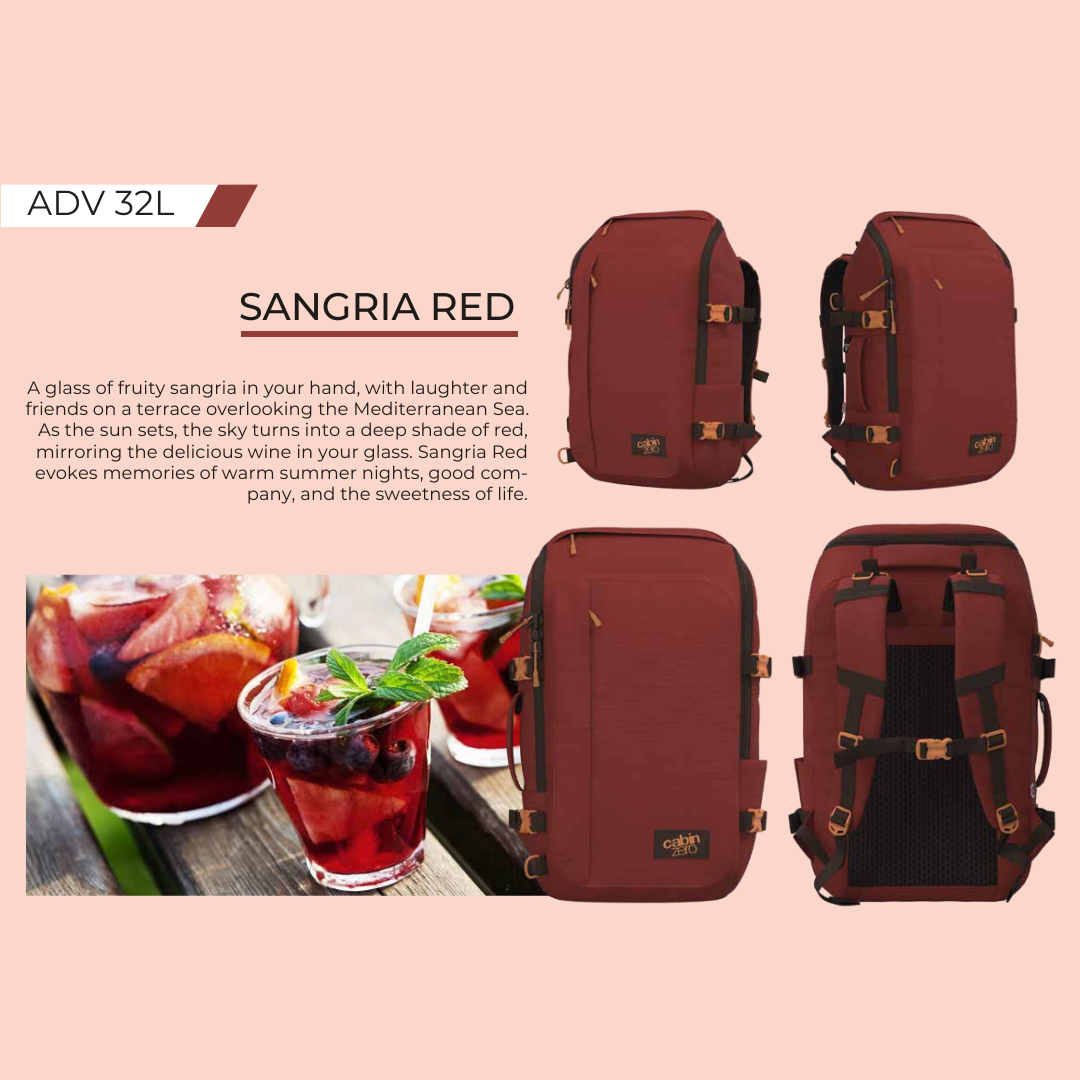 CabinZero ADV 32L Sangria Red travel backpack shown from multiple angles, made with water resistant nylon, comfortable airflow back panel, compression straps, and YKK zippers, set beside a glass of sangria to match the bag’s unique color.