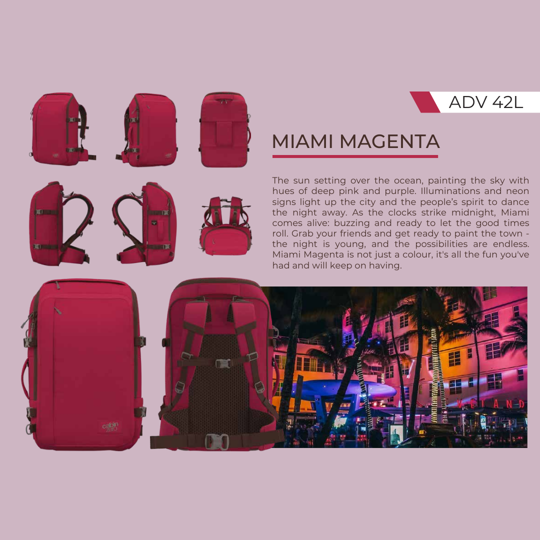CabinZero ADV 42L Adventure Cabin Bag in Miami Magenta pink, multi-angle product view with neon city nightlife background, vibrant and durable travel backpack inspired by Miami, available at Ideale Lifestyle