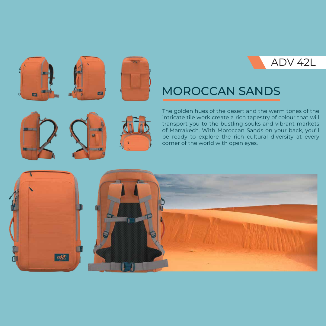 CabinZero ADV 42L Adventure Cabin Bag in Moroccan Sands orange, multi-angle product view with desert landscape background, versatile travel backpack inspired by Moroccan culture, available at Ideale Lifestyle