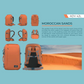 CabinZero ADV 42L Adventure Cabin Bag in Moroccan Sands orange, multi-angle product view with desert landscape background, versatile travel backpack inspired by Moroccan culture, available at Ideale Lifestyle