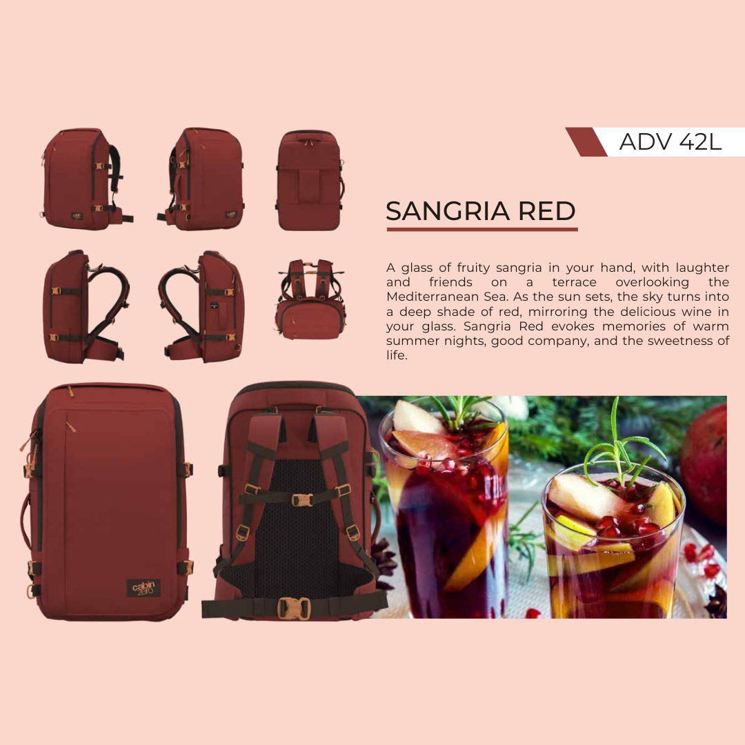 CabinZero ADV 42L Adventure Cabin Bag in Sangria Red, multi-angle product view with Mediterranean sangria drinks background, stylish travel backpack inspired by summer evenings, available at Ideale Lifestyle